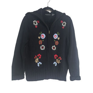 Relativity Adult Black Floral Embroidered Full Zip Knit‎ Sweater Womens Small